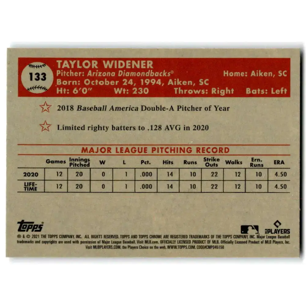 2021 Topps Chrome Platinum Anniversary #133 Taylor Widener NM-MT RC Rookie Arizona Diamondbacks Baseball Card
