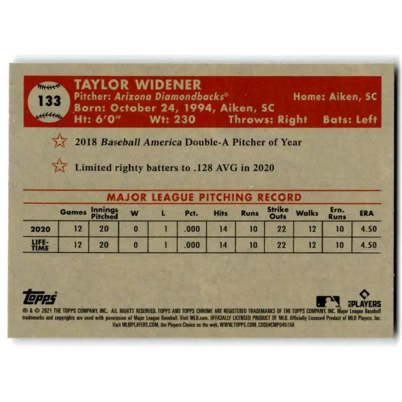 2021 Topps Chrome Platinum Anniversary #133 Taylor Widener NM-MT RC Rookie Arizona Diamondbacks Baseball Card