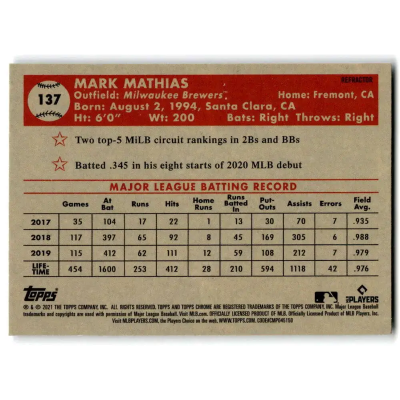 2021 Topps Chrome Platinum Anniversary #137 Mark Mathias NM-MT RC Rookie Milwaukee Brewers Baseball Card - Baseball