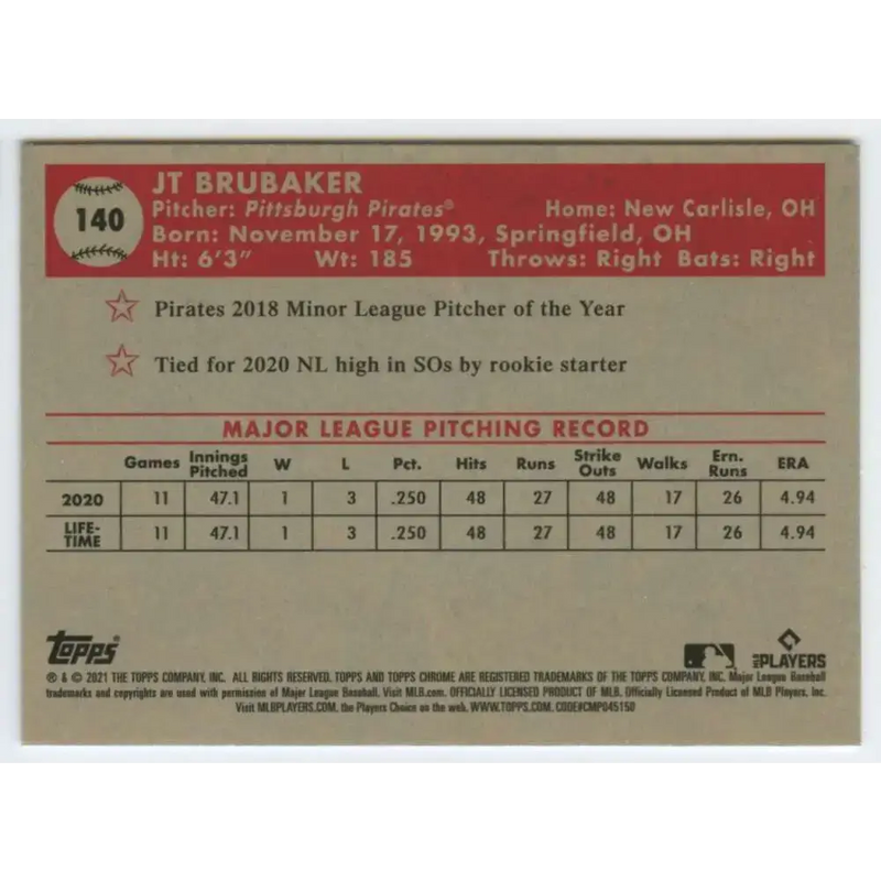 2021 Topps Chrome Platinum Anniversary #140 JT Brubaker NM-MT RC Rookie Pittsburgh Pirates Baseball Card - Baseball