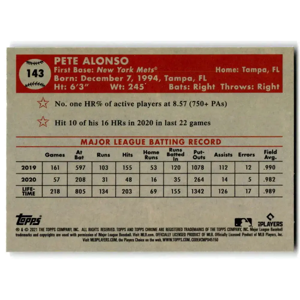 2021 Topps Chrome Platinum Anniversary #143 Pete Alonso NM-MT New York Mets Baseball Card - Baseball Card Single