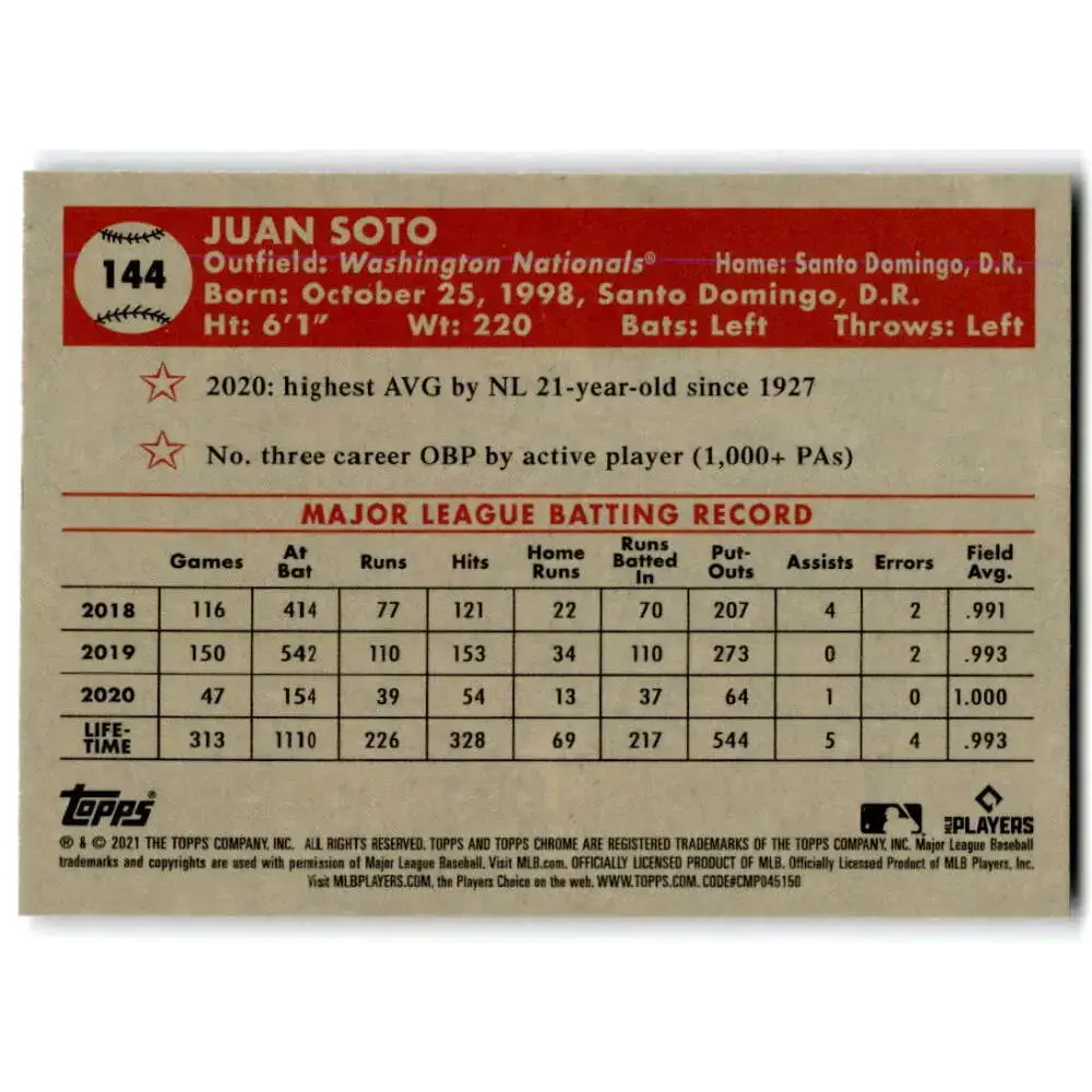 2021 Topps Chrome Platinum Anniversary #144 Juan Soto NM-MT Washington Nationals Baseball Card - Baseball Card Single
