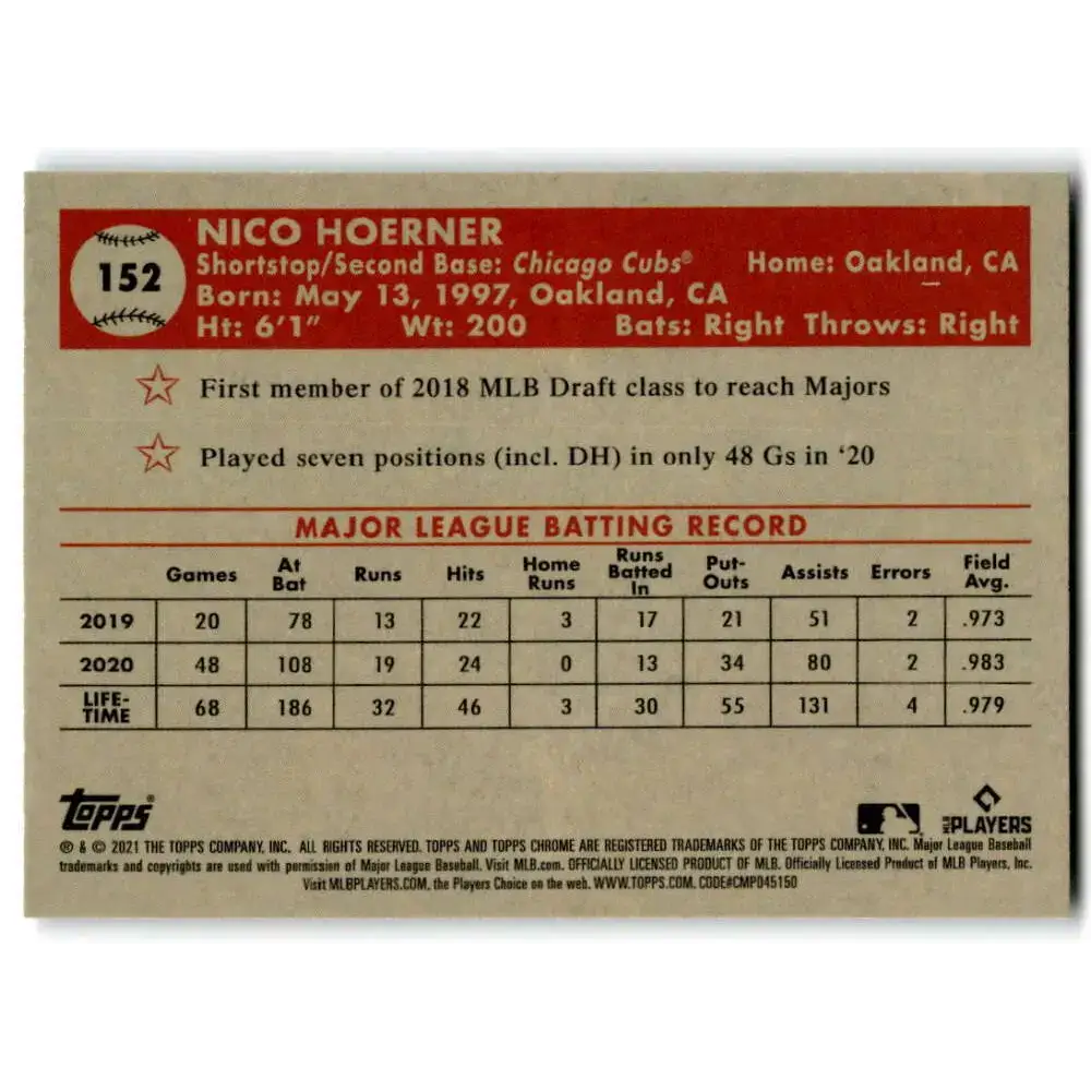 2021 Topps Chrome Platinum Anniversary #152 Nico Hoerner NM-MT Chicago Cubs Baseball Card - Baseball Card Single