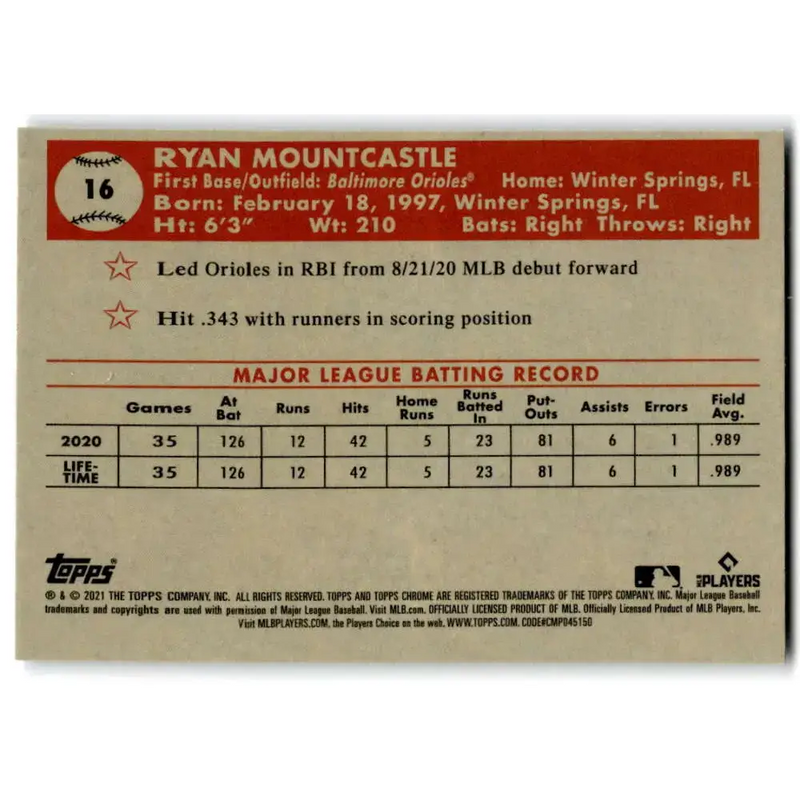 2021 Topps Chrome Platinum Anniversary #16 Ryan Mountcastle NM-MT RC Rookie Baltimore Orioles Baseball Card - Baseball