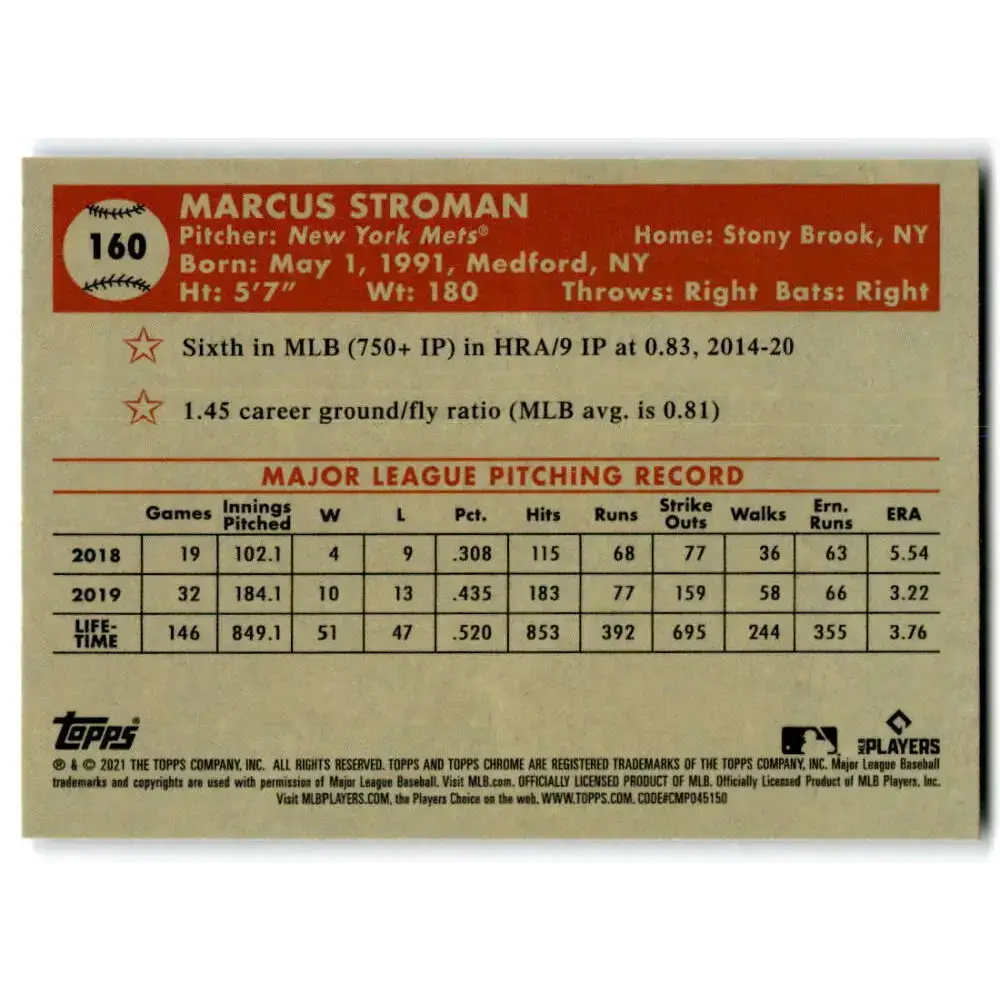 2021 Topps Chrome Platinum Anniversary #160 Marcus Stroman NM-MT New York Mets Baseball Card - Baseball Card Single