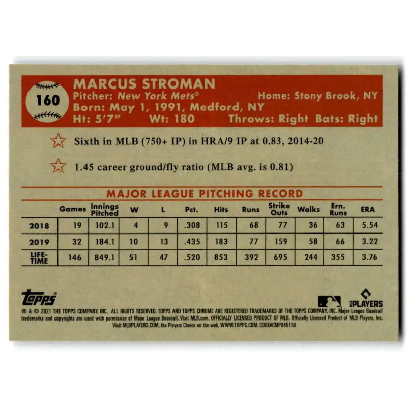 2021 Topps Chrome Platinum Anniversary #160 Marcus Stroman NM-MT New York Mets Baseball Card - Baseball Card Single