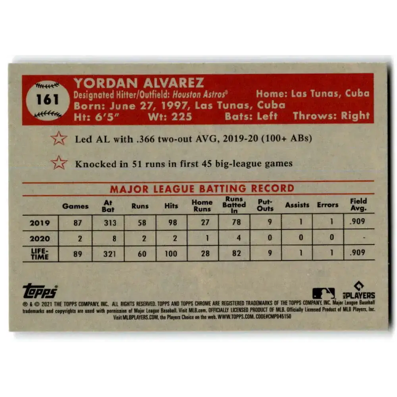 2021 Topps Chrome Platinum Anniversary #161 Yordan Alvarez NM-MT Houston Astros Baseball Card - Baseball Card Single