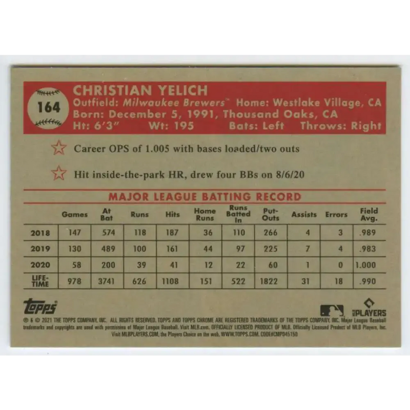 2021 Topps Chrome Platinum Anniversary #164 Christian Yelich NM-MT Milwaukee Brewers Baseball Card - Baseball Card