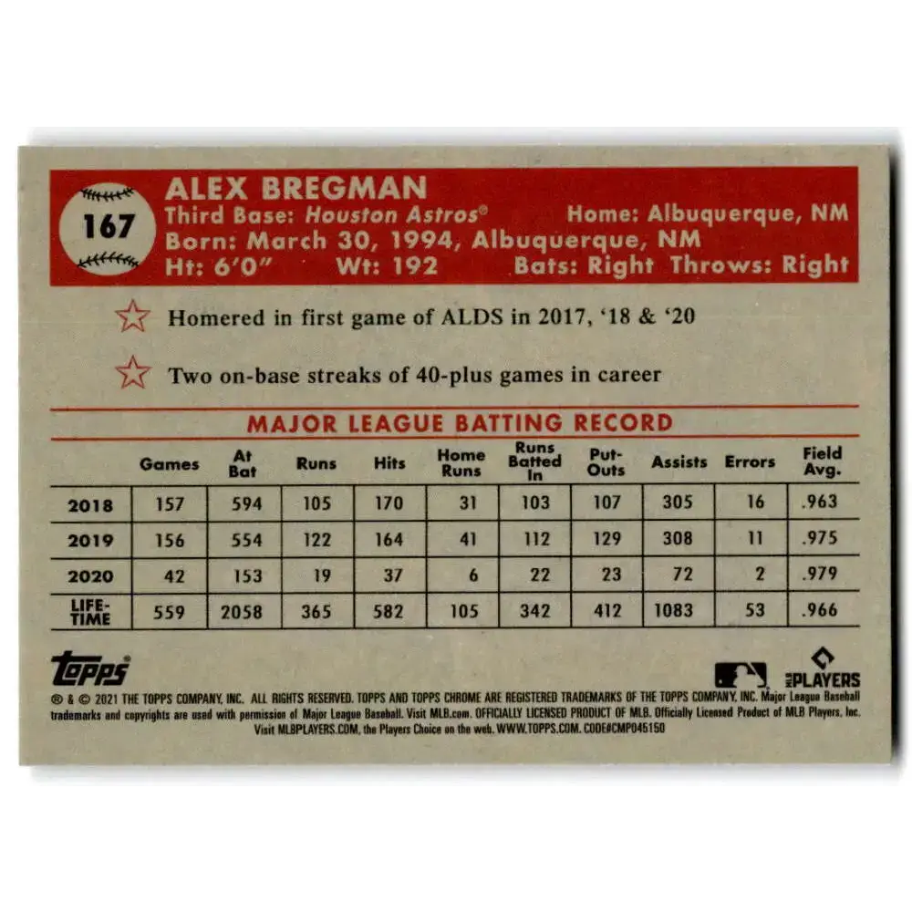 2021 Topps Chrome Platinum Anniversary #167 Alex Bregman NM-MT Houston Astros Baseball Card - Baseball Card Single