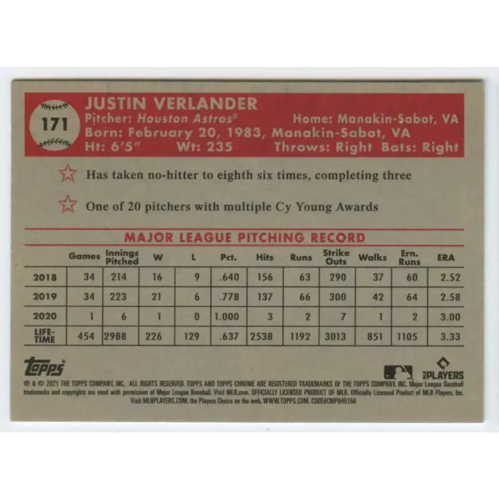 2021 Topps Chrome Platinum Anniversary #171 Justin Verlander NM-MT Houston Astros Baseball Card - Baseball Card Single