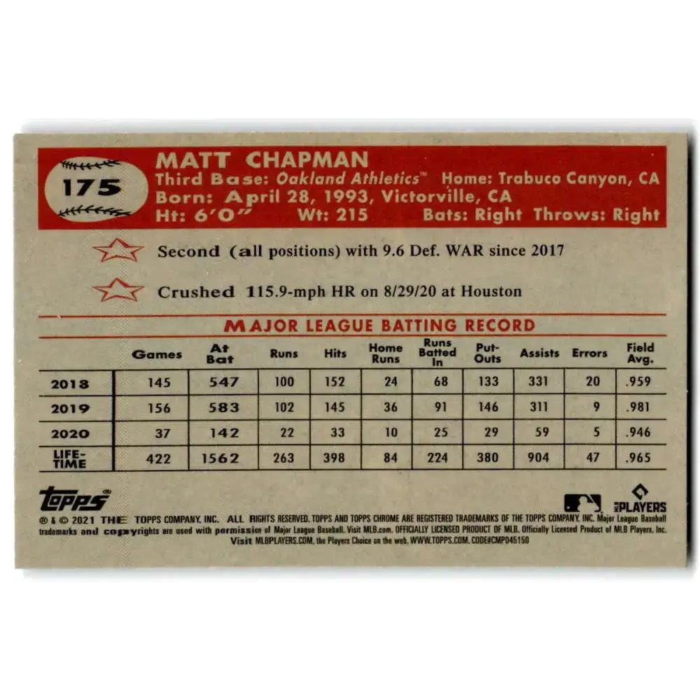 2021 Topps Chrome Platinum Anniversary #175 Matt Chapman NM-MT Oakland Athletics Baseball Card - Baseball Card Single