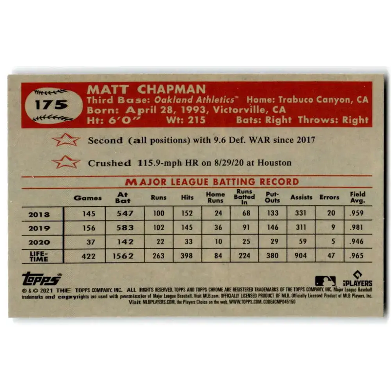 2021 Topps Chrome Platinum Anniversary #175 Matt Chapman NM-MT Oakland Athletics Baseball Card - Baseball Card Single