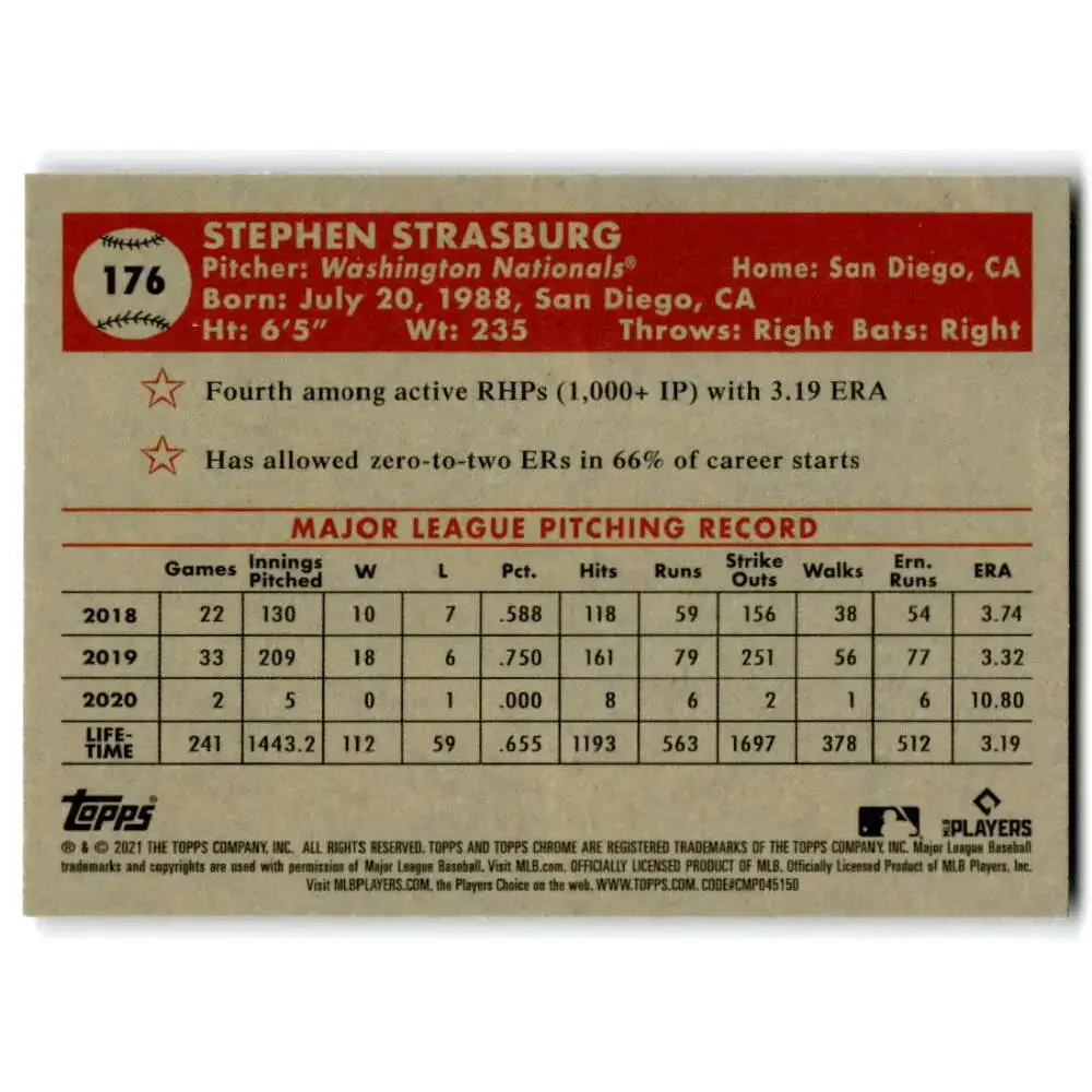 2021 Topps Chrome Platinum Anniversary #176 Stephen Strasburg NM-MT Washington Nationals Baseball Card - Baseball Card