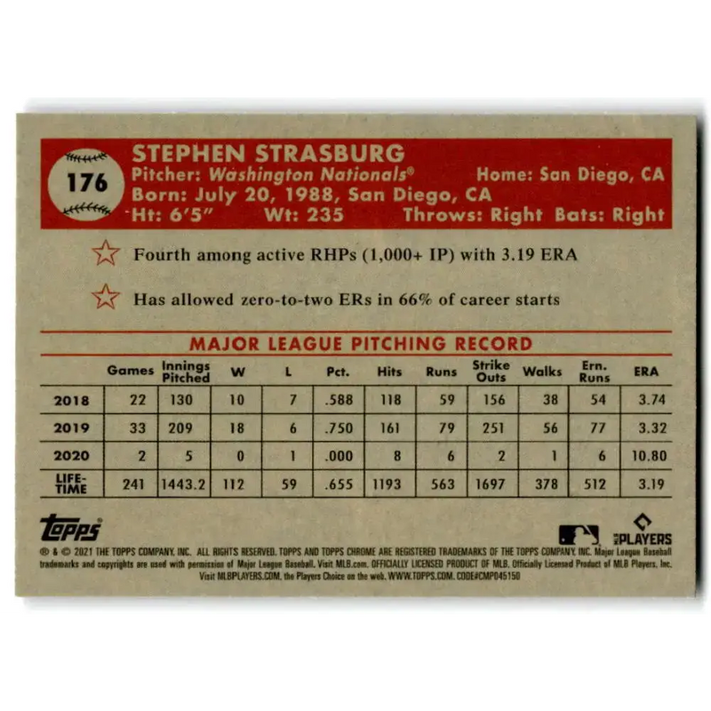 2021 Topps Chrome Platinum Anniversary #176 Stephen Strasburg NM-MT Washington Nationals Baseball Card - Baseball Card