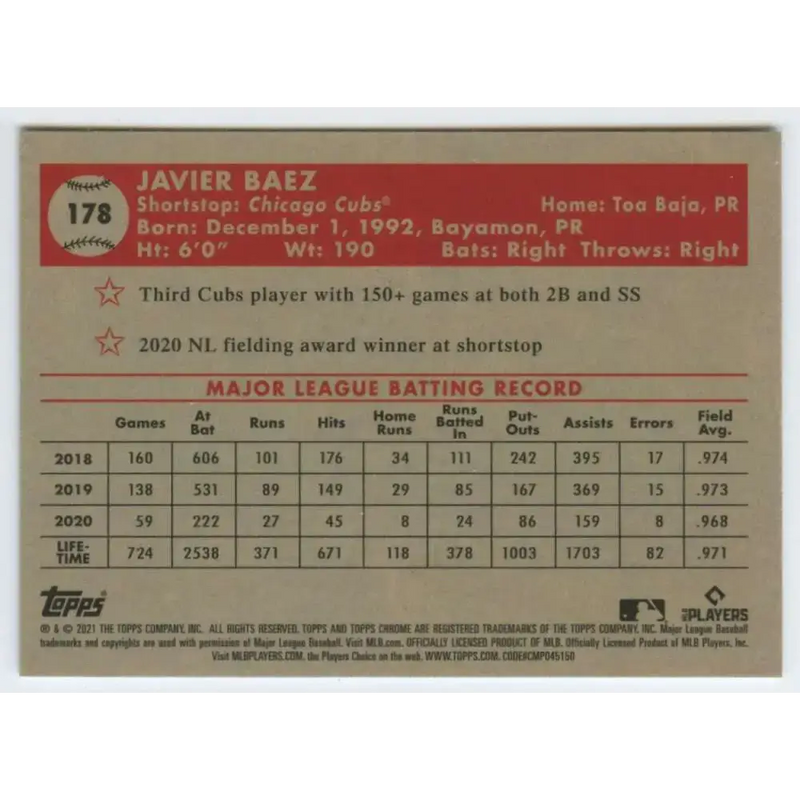 2021 Topps Chrome Platinum Anniversary #178 Javier Baez NM-MT Chicago Cubs Baseball Card - Baseball Card Single