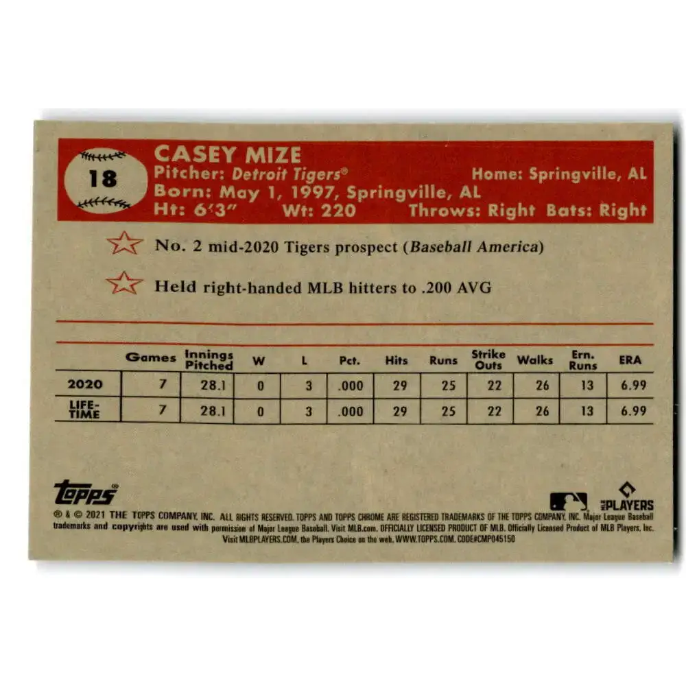 2021 Topps Chrome Platinum Anniversary #18 Casey Mize NM-MT RC Rookie Detroit Tigers Baseball Card - Baseball Card