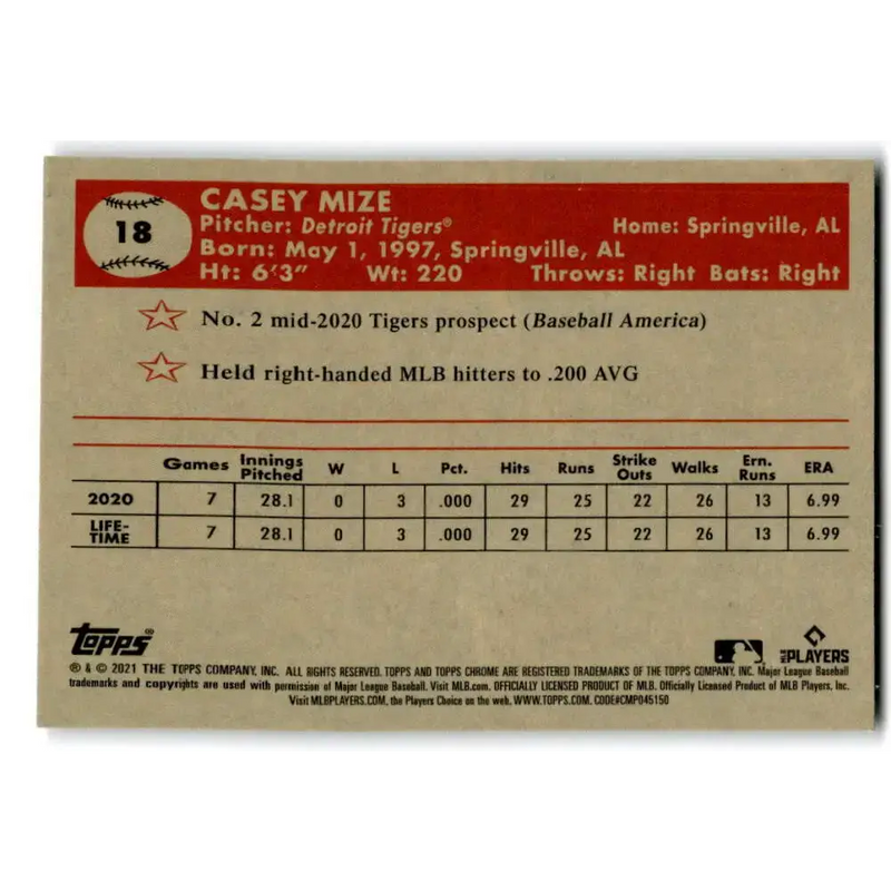 2021 Topps Chrome Platinum Anniversary #18 Casey Mize NM-MT RC Rookie Detroit Tigers Baseball Card - Baseball Card