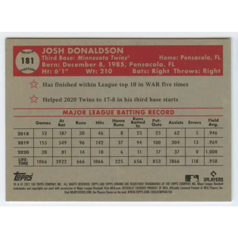2021 Topps Chrome Platinum Anniversary #181 Josh Donaldson NM-MT Minnesota Twins Baseball Card - Baseball Card Single