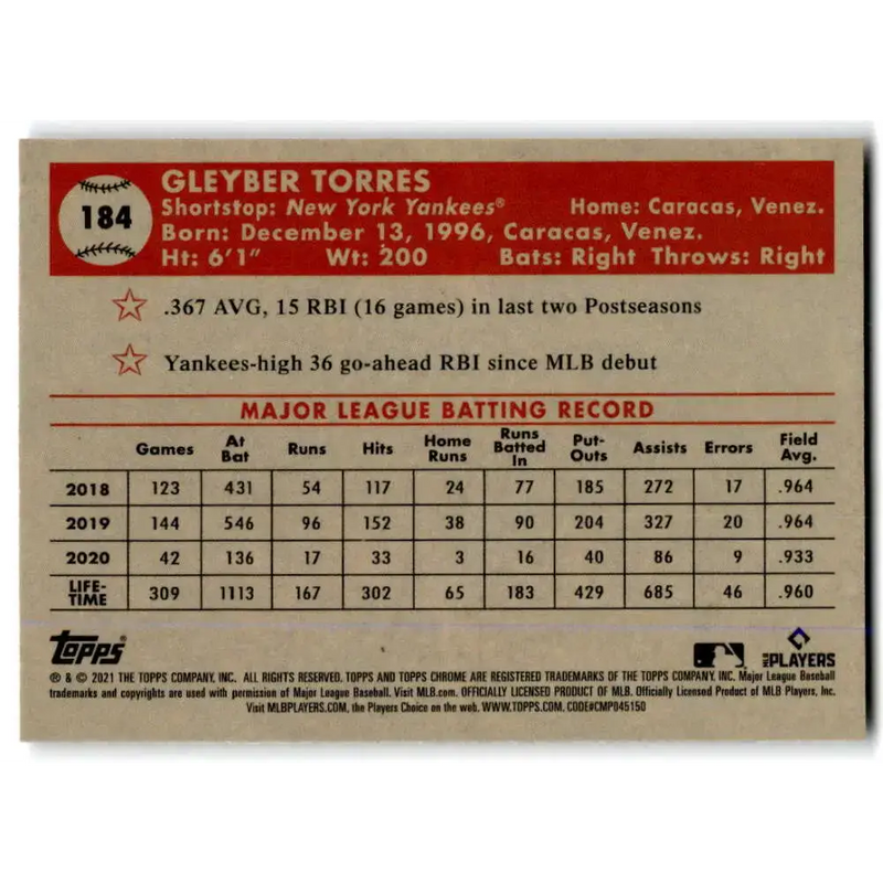 2021 Topps Chrome Platinum Anniversary #184 Gleyber Torres NM-MT New York Yankees Baseball Card - Baseball Card Single
