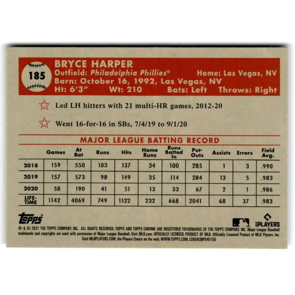 2021 Topps Chrome Platinum Anniversary #185 Bryce Harper NM-MT Philadelphia Phillies Baseball Card - Baseball Card