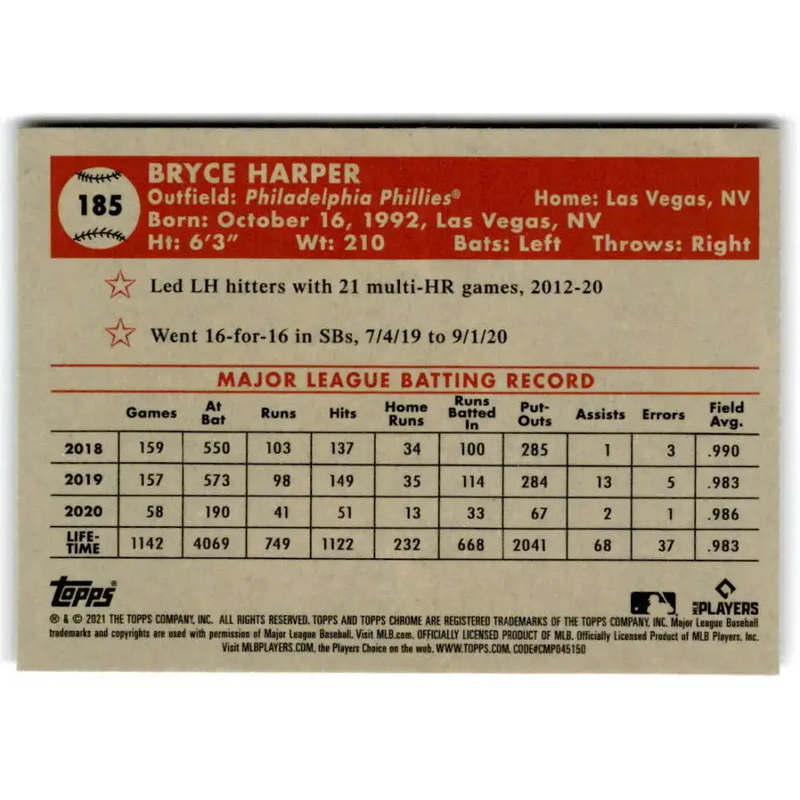 2021 Topps Chrome Platinum Anniversary #185 Bryce Harper NM-MT Philadelphia Phillies Baseball Card - Baseball Card