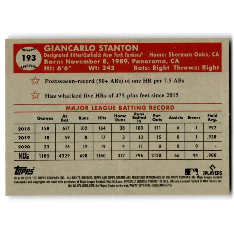 2021 Topps Chrome Platinum Anniversary #193 Giancarlo Stanton NM-MT New York Yankees Baseball Card - Baseball Card