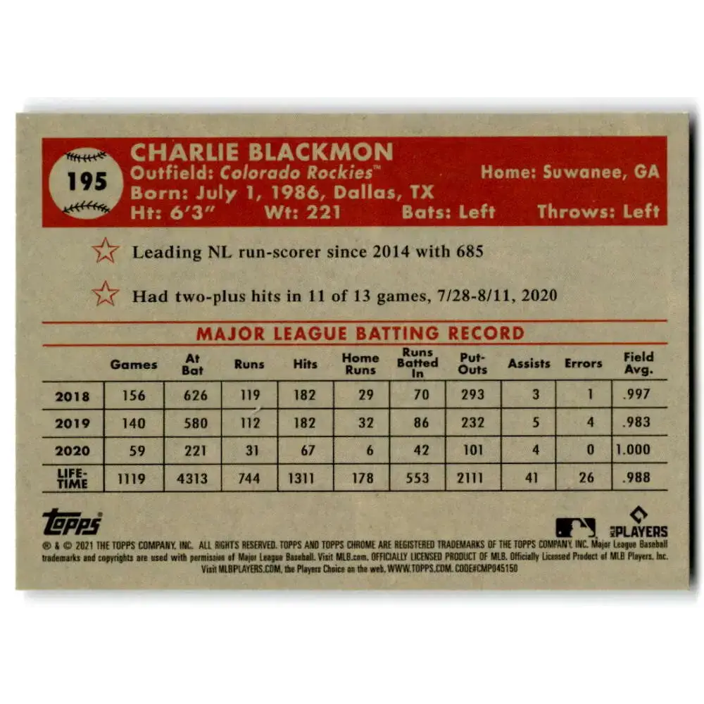 2021 Topps Chrome Platinum Anniversary #195 Charlie Blackmon NM-MT Colorado Rockies Baseball Card - Baseball Card Single