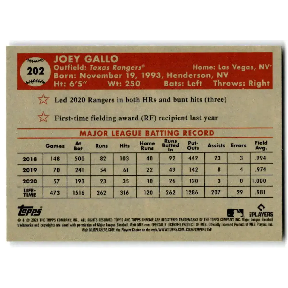 2021 Topps Chrome Platinum Anniversary #202 Joey Gallo NM-MT Texas Rangers Baseball Card - Baseball Card Single