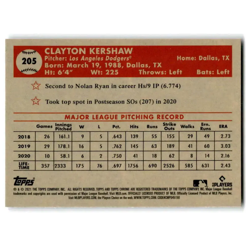 2021 Topps Chrome Platinum Anniversary #205 Clayton Kershaw NM-MT Los Angeles Dodgers Baseball Card - Baseball Card