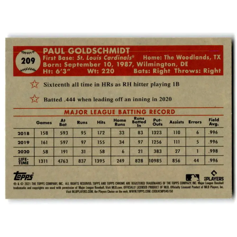 2021 Topps Chrome Platinum Anniversary #209 Paul Goldschmidt NM-MT St. Louis Cardinals Baseball Card - Baseball Card