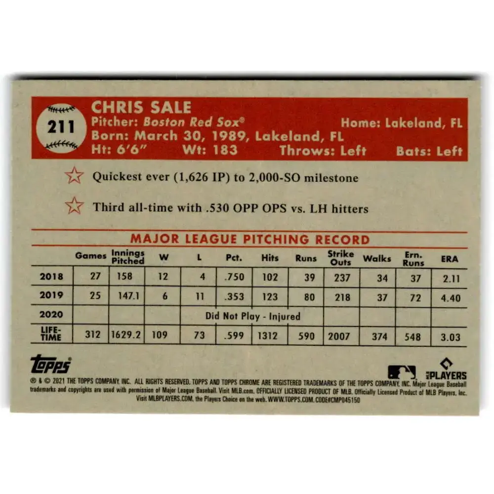 2021 Topps Chrome Platinum Anniversary #211 Chris Sale NM-MT Boston Red Sox Baseball Card - Baseball Card Single