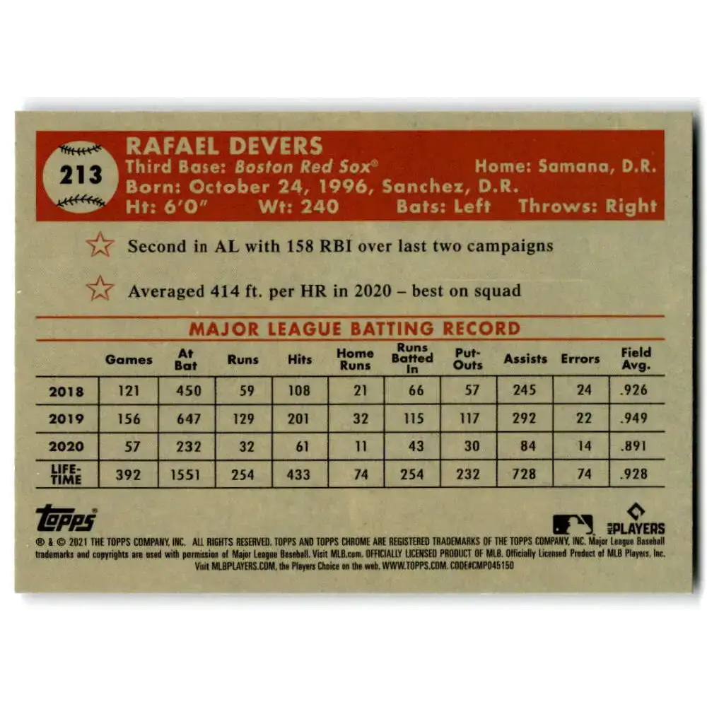 2021 Topps Chrome Platinum Anniversary #213 Rafael Devers NM-MT Boston Red Sox Baseball Card - Baseball Card Single