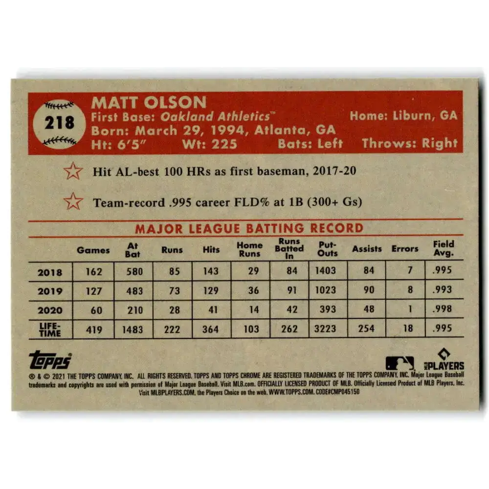 2021 Topps Chrome Platinum Anniversary #218 Matt Olson NM-MT Oakland Athletics Baseball Card - Baseball Card Single