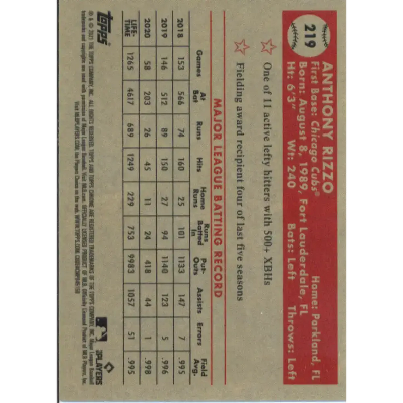 2021 Topps Chrome Platinum Anniversary #219 Anthony Rizzo NM-MT Chicago Cubs Baseball Card - Baseball Card Single