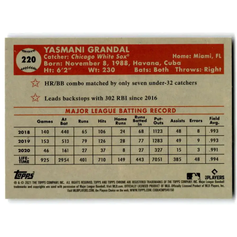 2021 Topps Chrome Platinum Anniversary #220 Yasmani Grandal NM-MT Chicago White Sox Baseball Card - Baseball Card Single