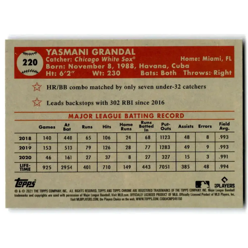 2021 Topps Chrome Platinum Anniversary #220 Yasmani Grandal NM-MT Chicago White Sox Baseball Card - Baseball Card Single