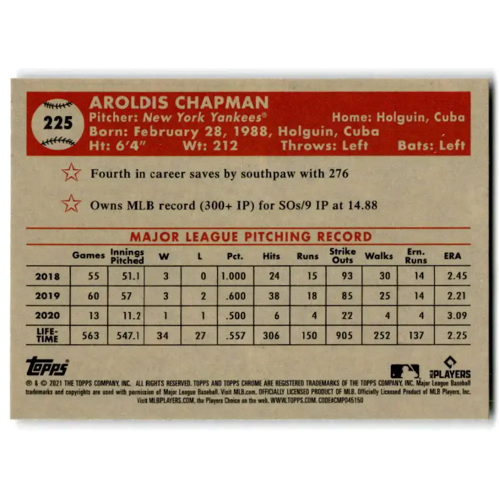 2021 Topps Chrome Platinum Anniversary #225 Aroldis Chapman NM-MT New York Yankees Baseball Card - Baseball Card Single