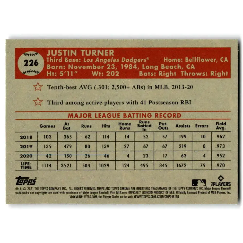 2021 Topps Chrome Platinum Anniversary #226 Justin Turner NM-MT Los Angeles Dodgers Baseball Card - Baseball Card Single