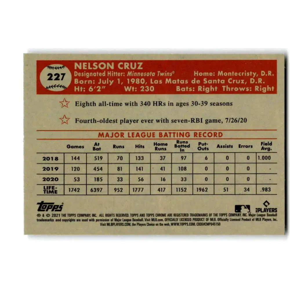 2021 Topps Chrome Platinum Anniversary #227 Nelson Cruz NM-MT Minnesota Twins Baseball Card - Baseball Card Single