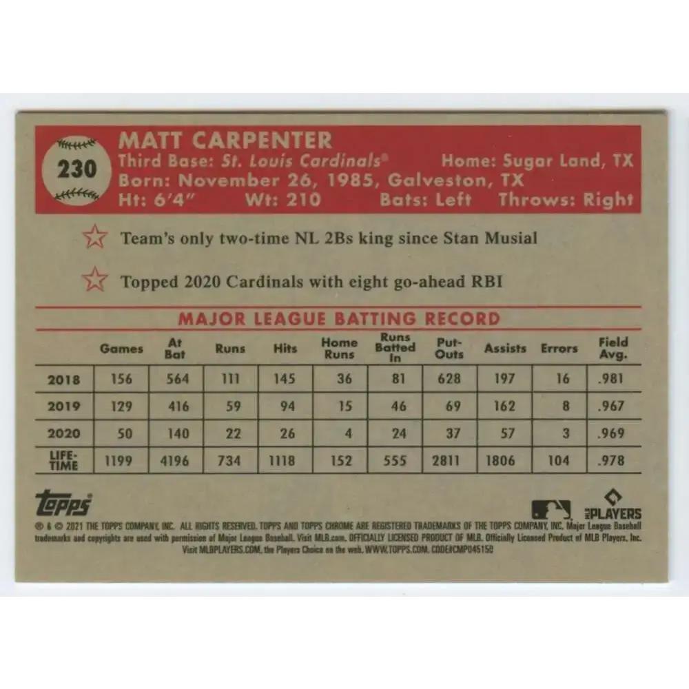 2021 Topps Chrome Platinum Anniversary #230 Matt Carpenter NM-MT St. Louis Cardinals Baseball Card - Baseball Card