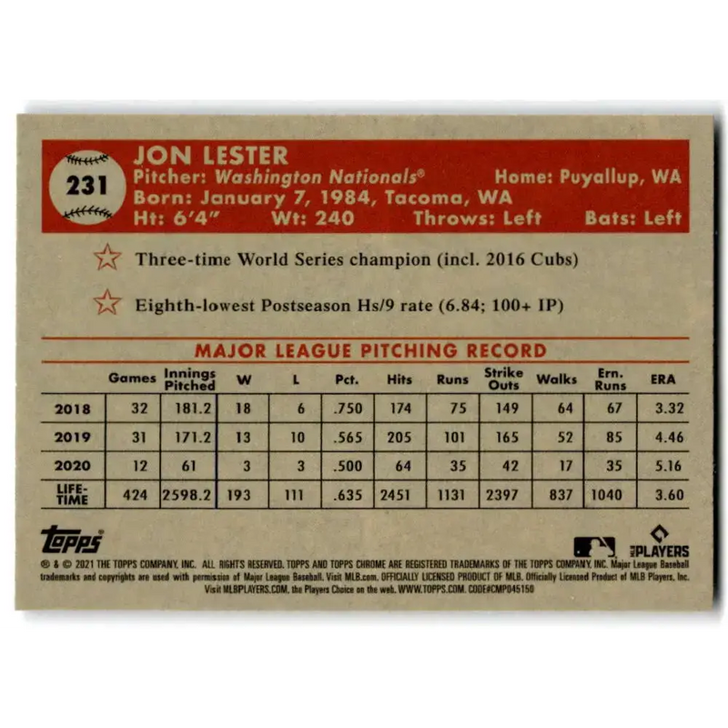 2021 Topps Chrome Platinum Anniversary #231 Jon Lester NM-MT Washington Nationals Baseball Card - Baseball Card Single