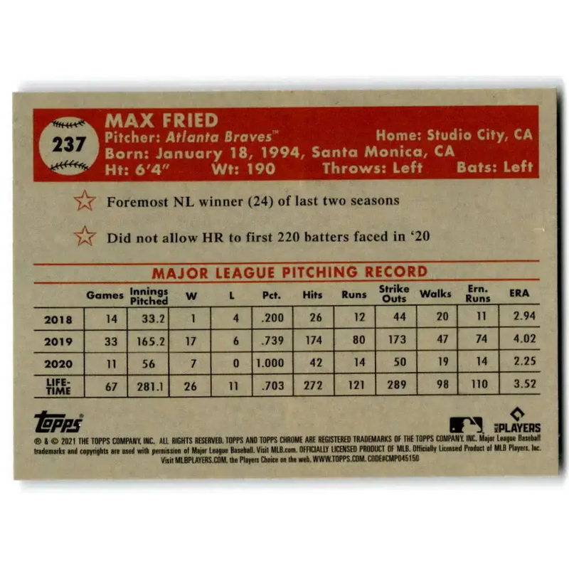 2021 Topps Chrome Platinum Anniversary #237 Max Fried NM-MT Atlanta Braves Baseball Card - Baseball Card Single