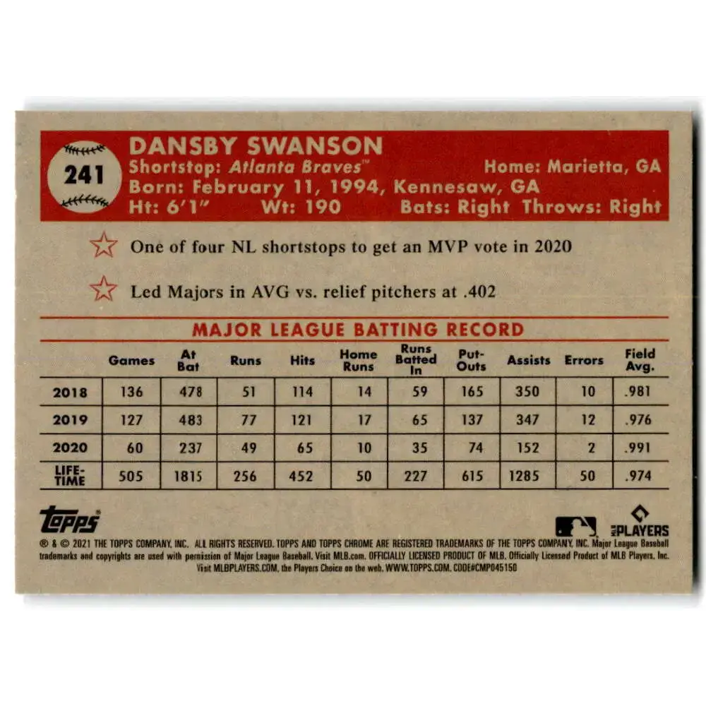 2021 Topps Chrome Platinum Anniversary #241 Dansby Swanson NM-MT Atlanta Braves Baseball Card - Baseball Card Single
