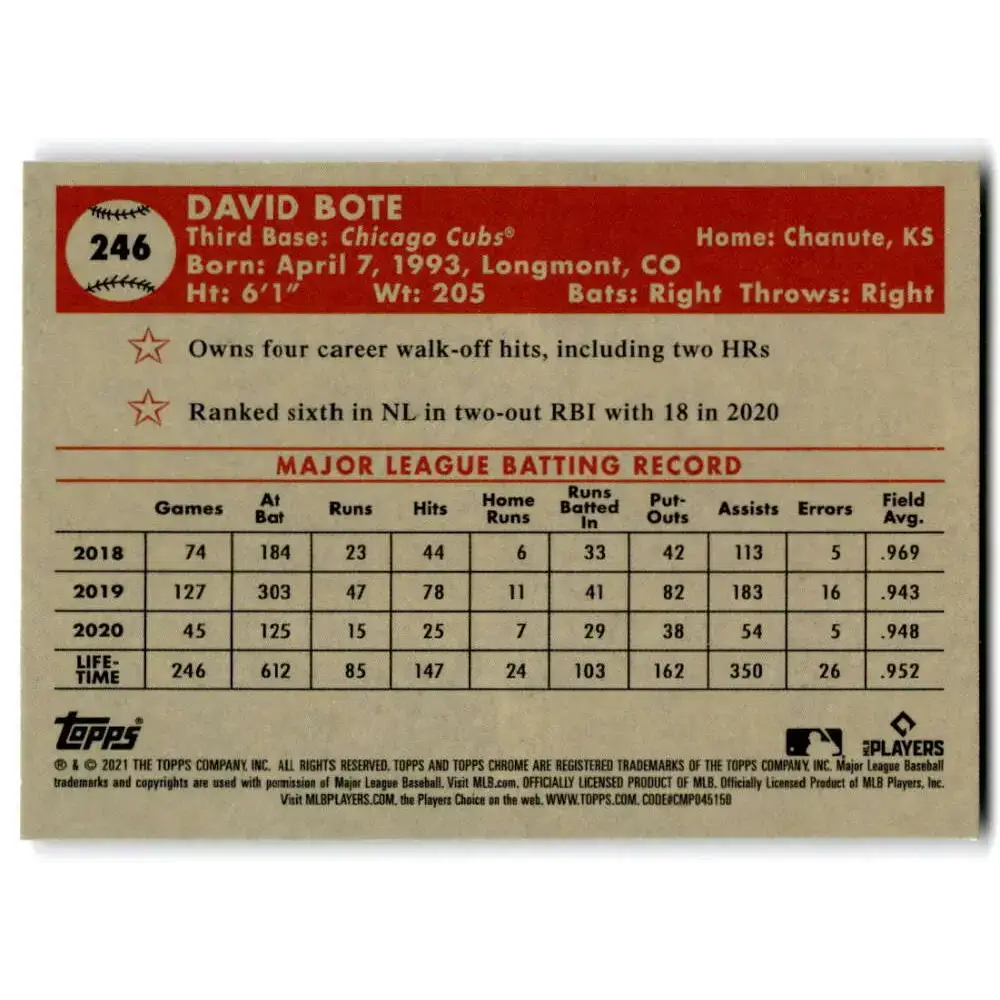 2021 Topps Chrome Platinum Anniversary #246 David Bote NM-MT Chicago Cubs Baseball Card - Baseball Card Single
