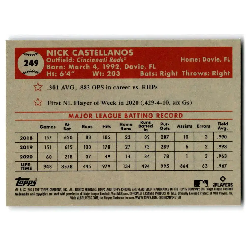 2021 Topps Chrome Platinum Anniversary #249 Nick Castellanos NM-MT Cincinnati Reds Baseball Card - Baseball Card Single