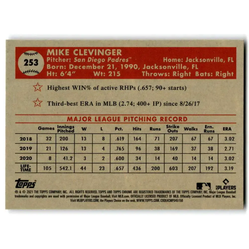 2021 Topps Chrome Platinum Anniversary #253 Mike Clevinger NM-MT San Diego Padres Baseball Card - Baseball Card Single