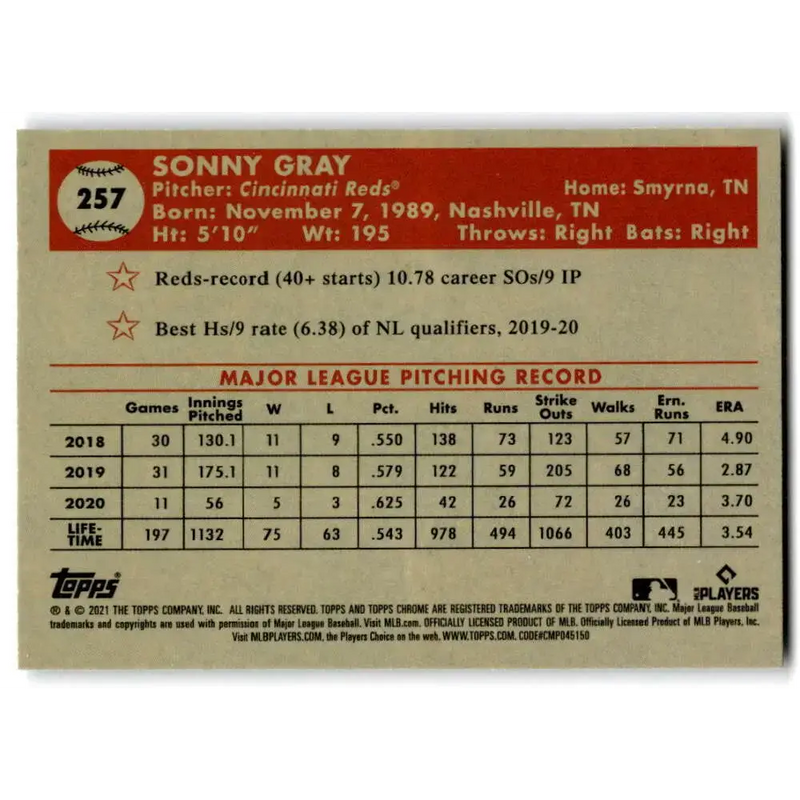 2021 Topps Chrome Platinum Anniversary #257 Sonny Gray NM-MT Cincinnati Reds Baseball Card - Baseball Card Single