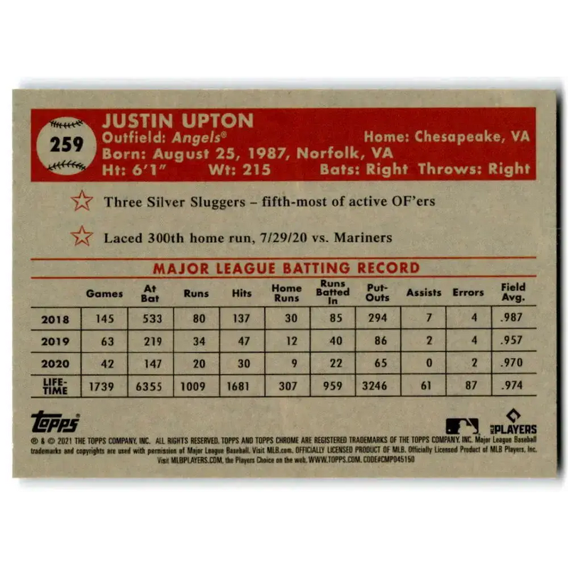2021 Topps Chrome Platinum Anniversary #259 Justin Upton NM-MT Los Angeles Angels Baseball Card - Baseball Card Single