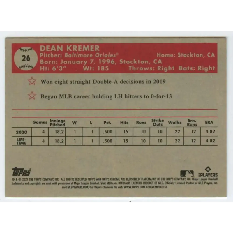 2021 Topps Chrome Platinum Anniversary #26 Dean Kremer NM-MT RC Rookie Baltimore Orioles Baseball Card - Baseball Card