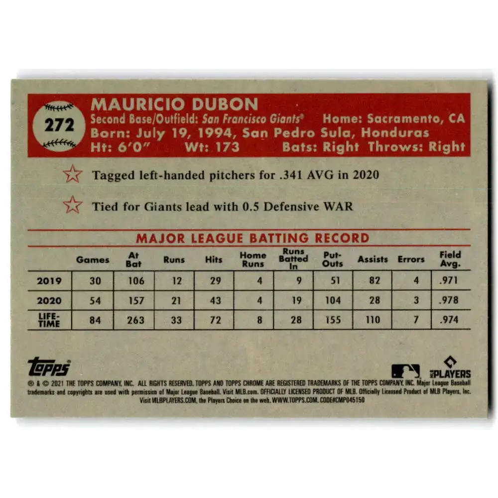 2021 Topps Chrome Platinum Anniversary #272 Mauricio Dubon NM-MT San Francisco Giants Baseball Card - Baseball Card